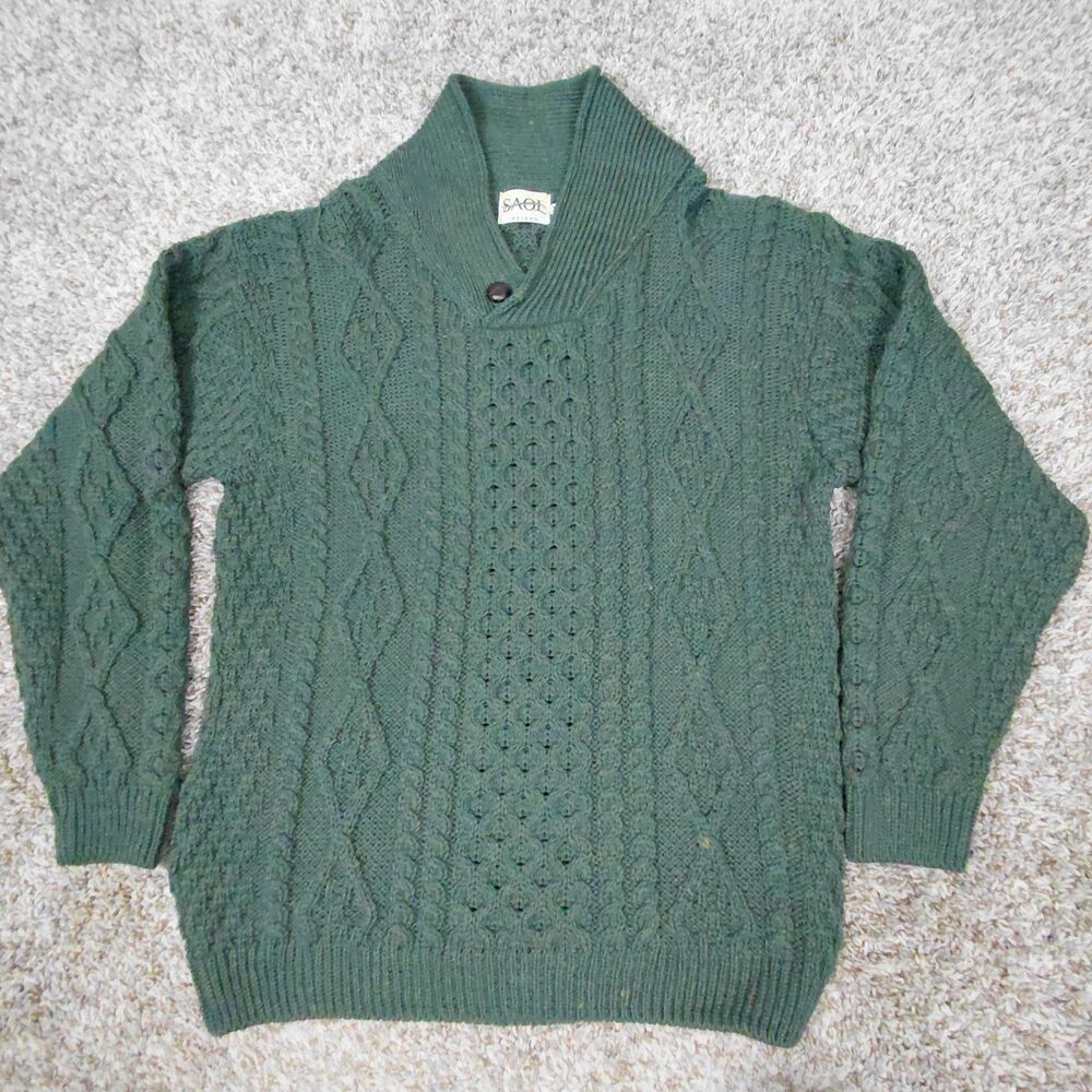 Saol Ireland Aran Shawl Collar Fisherman Sweater Men’s Medium Merino Wool Green